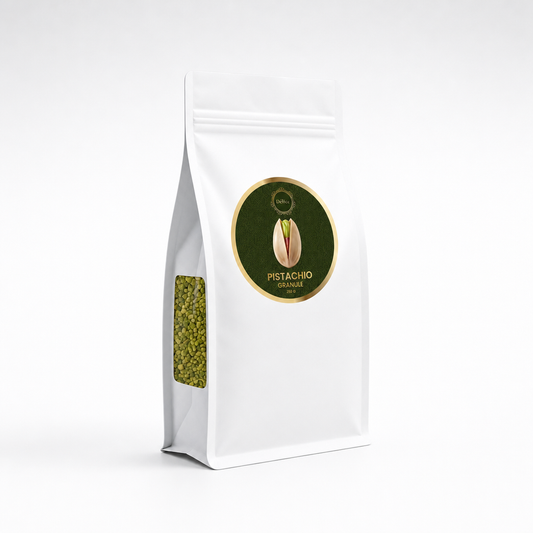 A white stand-up pouch of pistachio spread with a circular dark green and gold label on the front and a clear window showing green pistachio pieces inside, photographed on a clean white background.