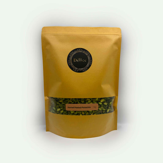Vibrant green Iranian peeled pistachio kernels, skinless and perfect for desserts.