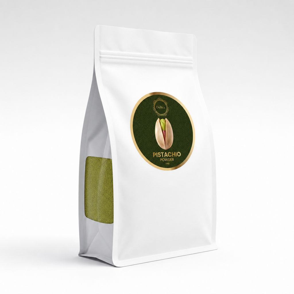 A white stand-up pouch of pistachio powder with a circular green and gold label on the front and a clear window showing the green powder inside, photographed on a light gray background.