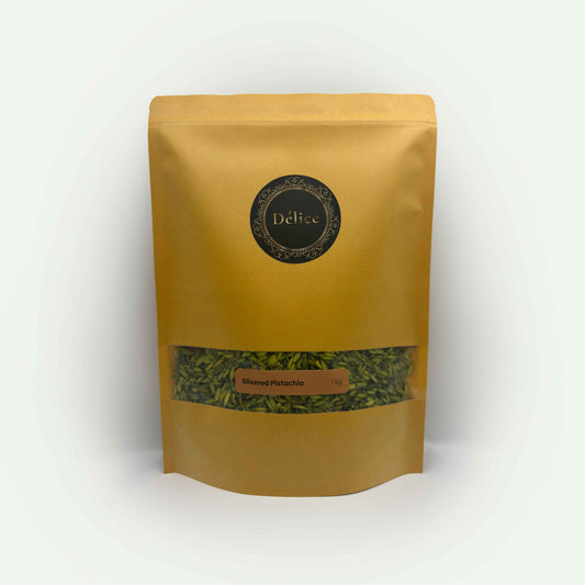 Elegant slivered Iranian pistachios for cakes, pastries, and gourmet decoration.