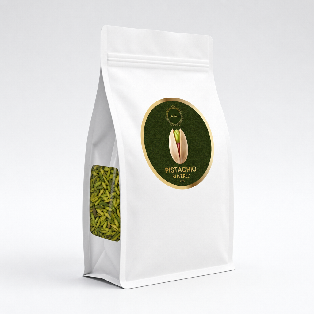 A white stand-up pouch of pistachio shelled nuts with a circular green and gold label on the front and a clear side window showing green pistachios inside, photographed on a light gray studio background.
