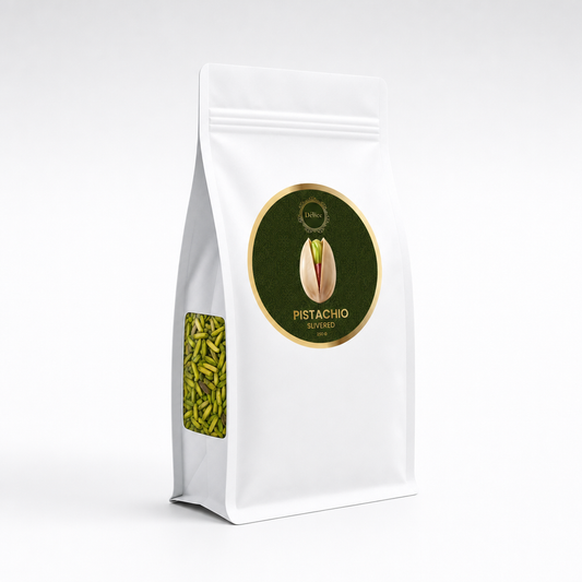 A white stand-up pouch of pistachio nuts with a circular green and gold label on the front and a clear side window showing green pistachio pieces inside, photographed on a light gray studio background.
