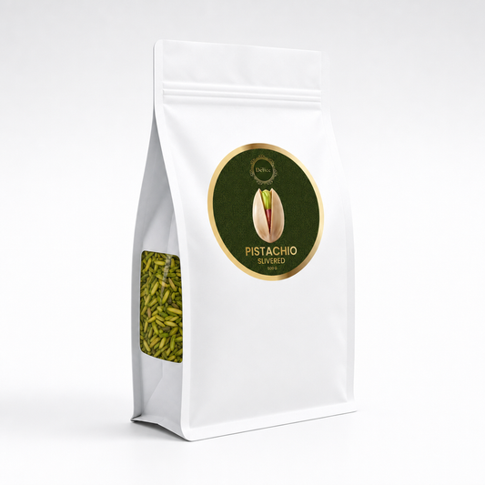 A white stand-up pouch of Pistachio slivers, featuring a circular green and gold label on the front with a pistachio illustration, and a clear window showing the green pistachio pieces inside.
