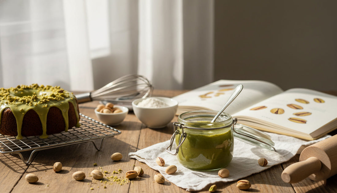 A kitchen table with baking ingredients on it, a finished chocolate cake with pistachio paste icing and a jar full of fresh and natural pistachio paste.