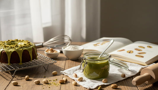 A kitchen table with baking ingredients on it, a finished chocolate cake with pistachio paste icing and a jar full of fresh and natural pistachio paste.