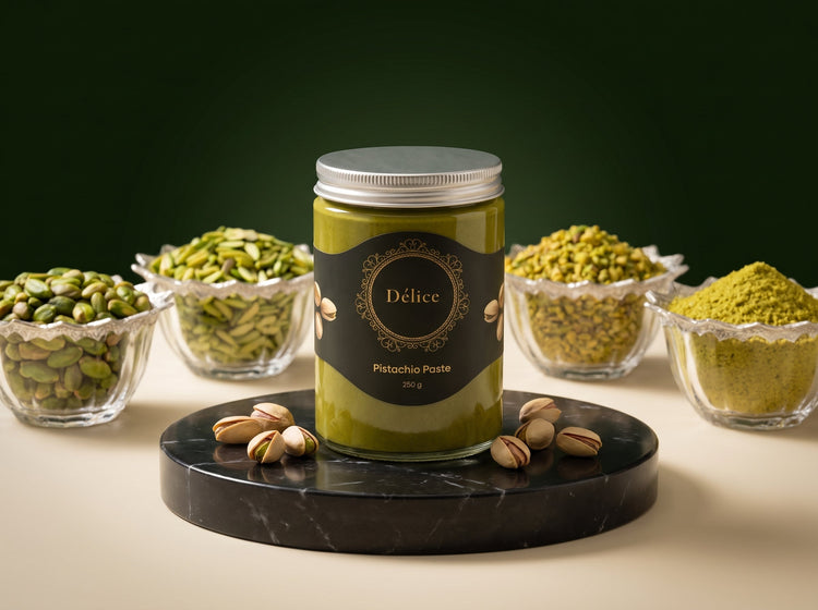 A jar of Delice pistachio paste on an oval marble stand sourrounded with a few pistachios in hard shell. The background shows pistachio kernels in different grinds  in glass bowls.