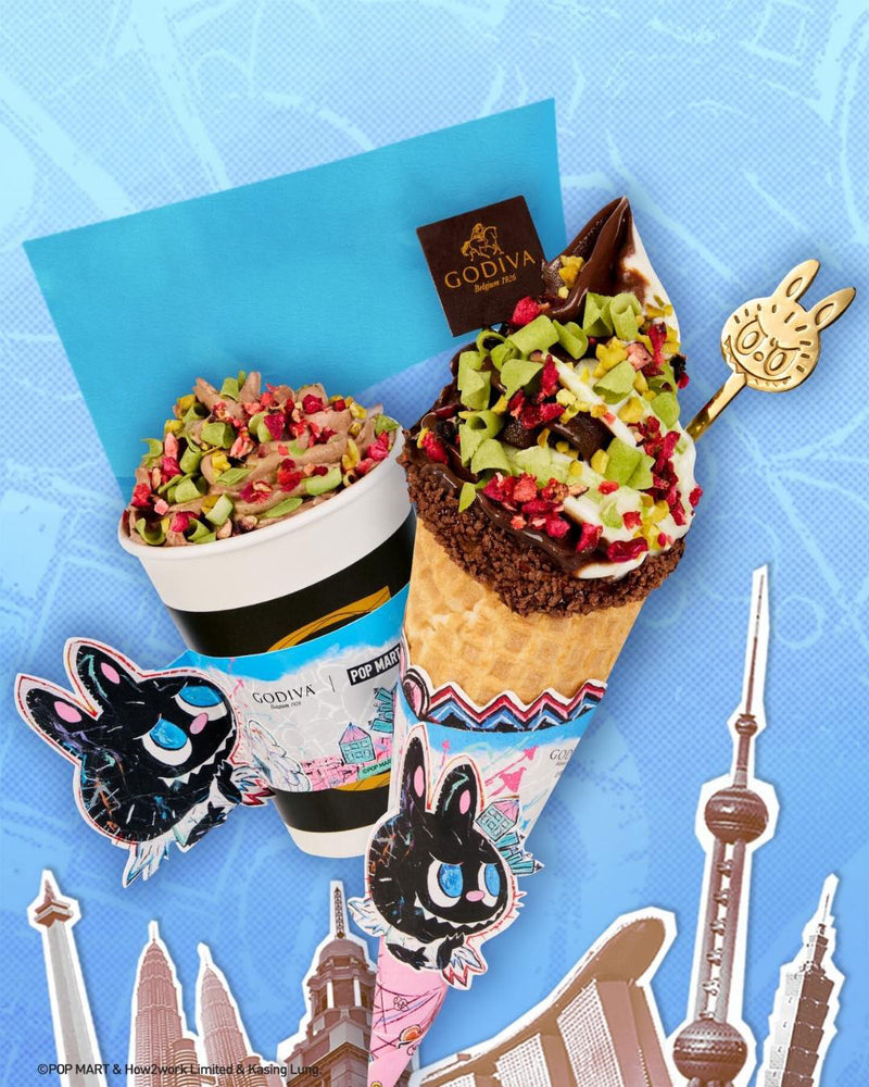 Labubu ice cream cones with colourful matcha and pistachio toppings and a Godiva box on a blue background with cityscape cutouts.
