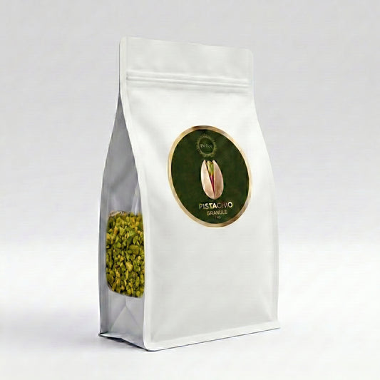 White packaging bag with pistachio granule label on a white background