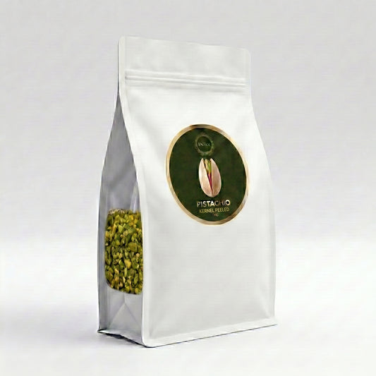 White packaging bag with pistachio flavor label on a white background