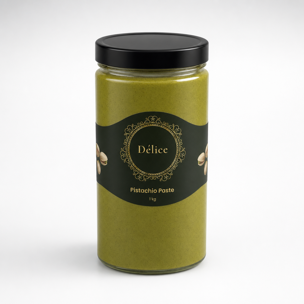 A glass jar of Pistachio Paste by Délice, filled with olive-green paste and topped with a black lid, set against a plain white background.