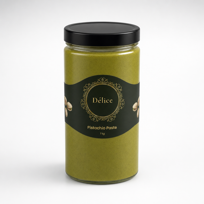 A glass jar of Pistachio Paste by Délice, filled with olive-green paste and topped with a black lid, set against a plain white background.