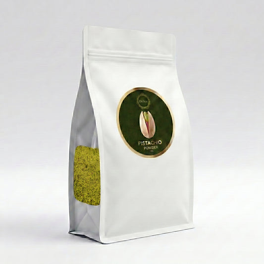 White packaging of pistachio powder with a clear window on a white background