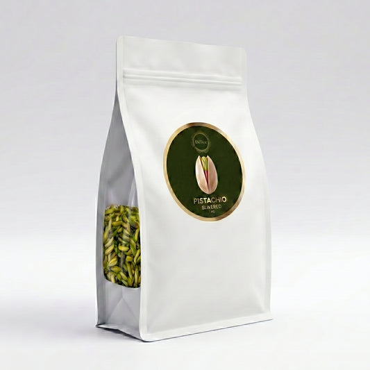 White packaging bag with pistachio label and slivered pistachio filling on a white background