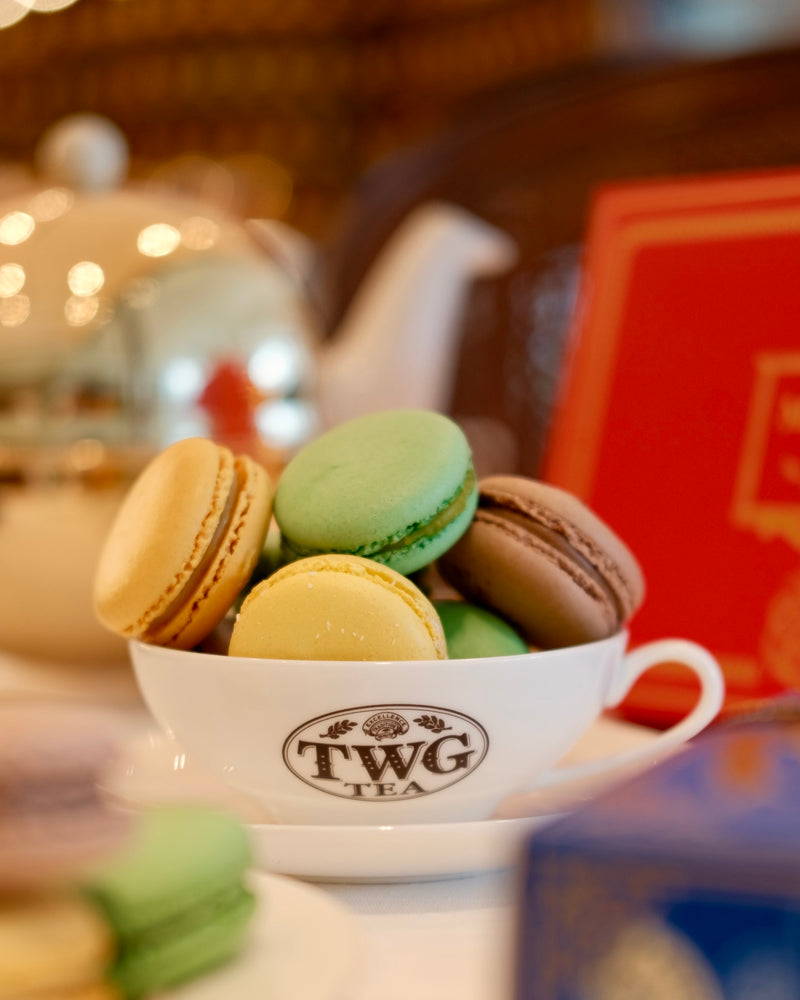 Colourful macarons made with Delice Pistachio Paste in a TWG Tea cup with blurred background